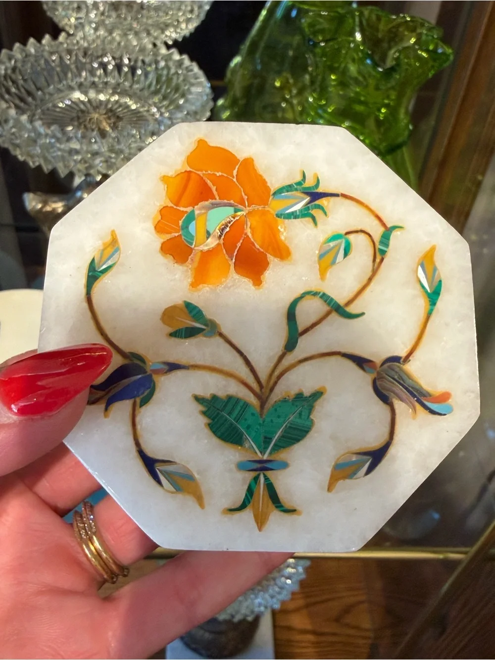 Vintage White Marble Hexagonal Jewelry Box with Colorful Floral Gemstone Inlay